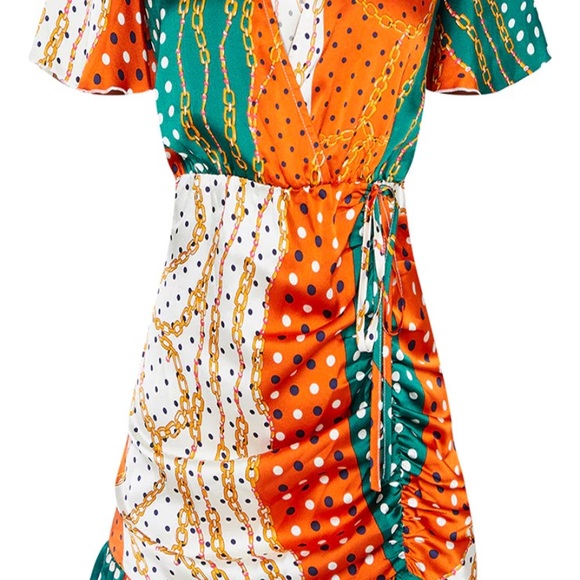 Orange Satin Chain Print Ruched Frill Tea Dress - Picture 2 of 3